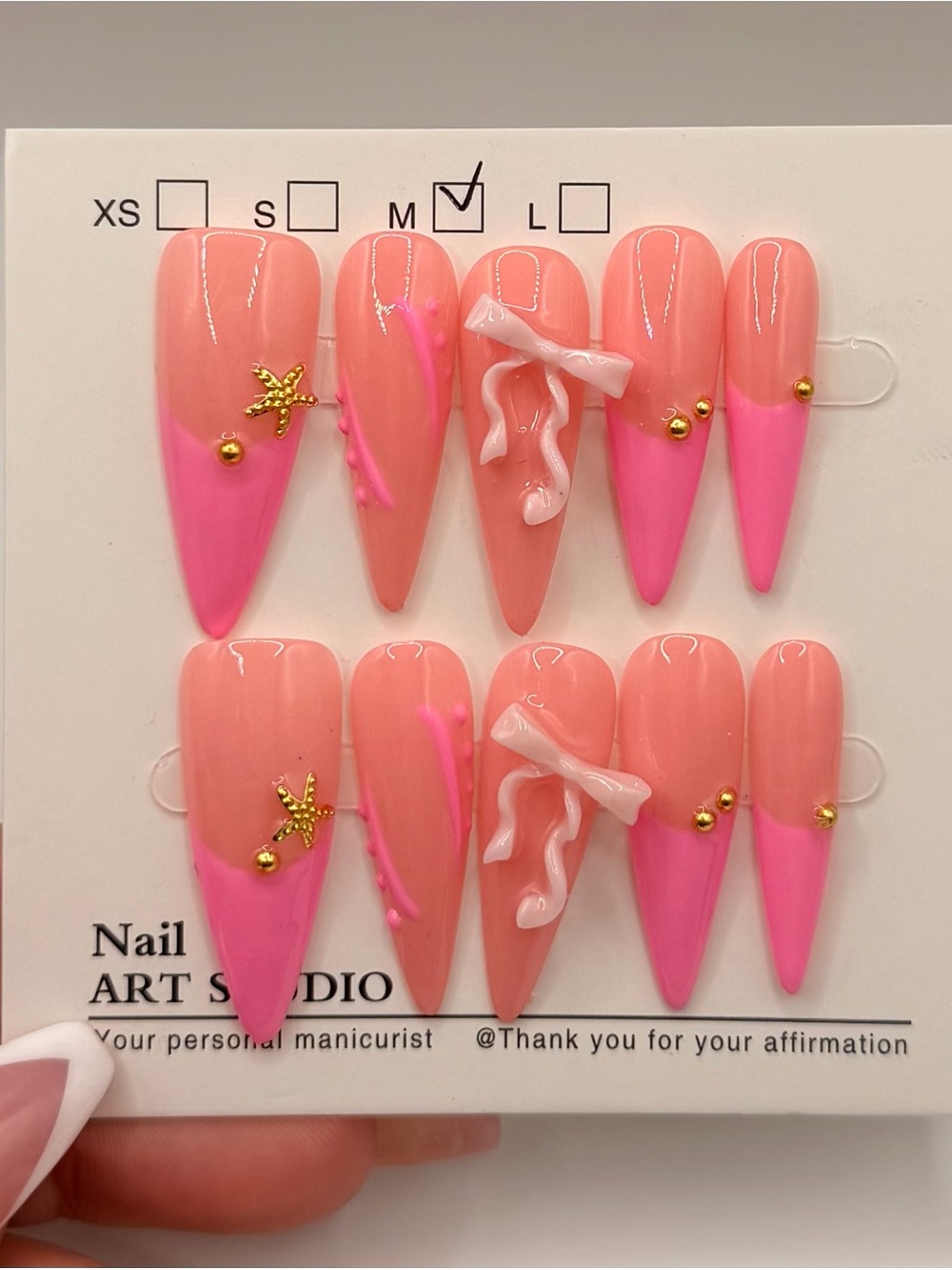 Handcrafted Pink & Coral Press-On Nail Set with 3D Accents